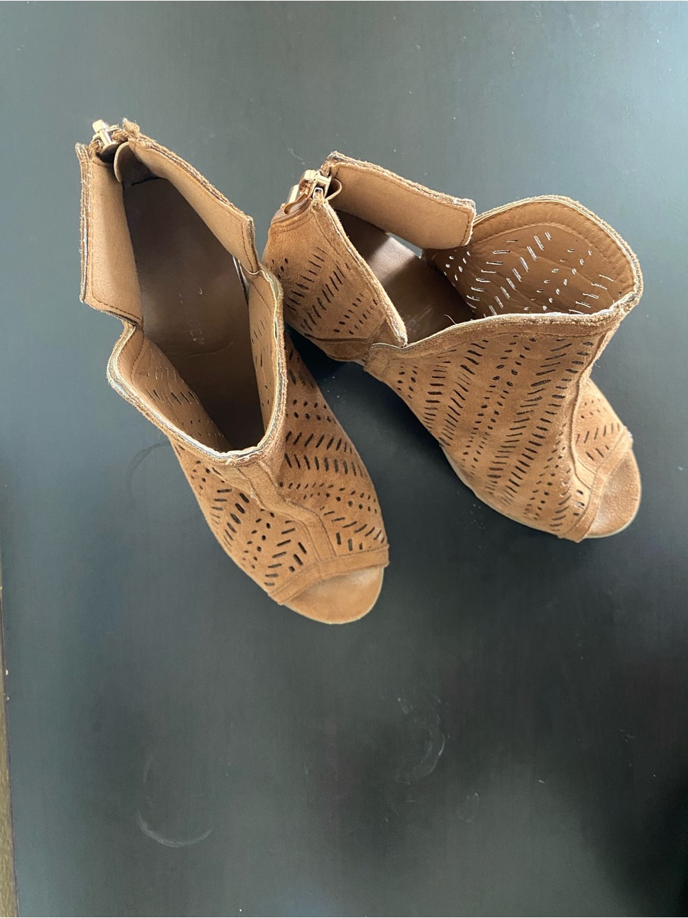 Forever Tan Laser-Cut Peep-Toe Wedge Booties